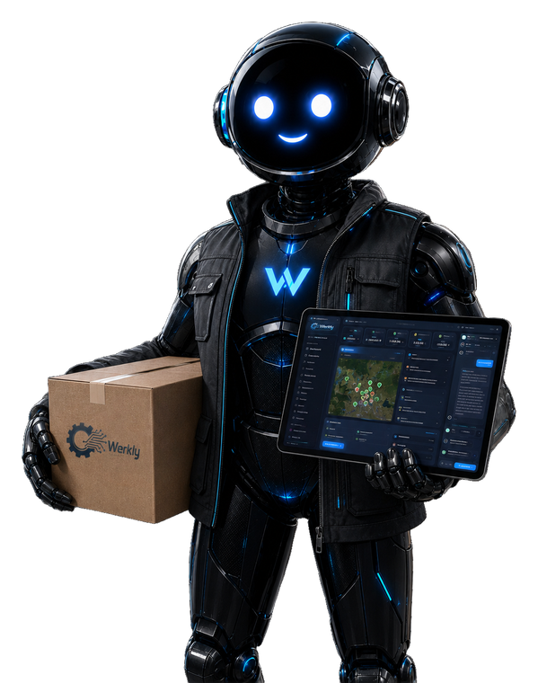 Mister Werk in consegna, con tablet e pacco