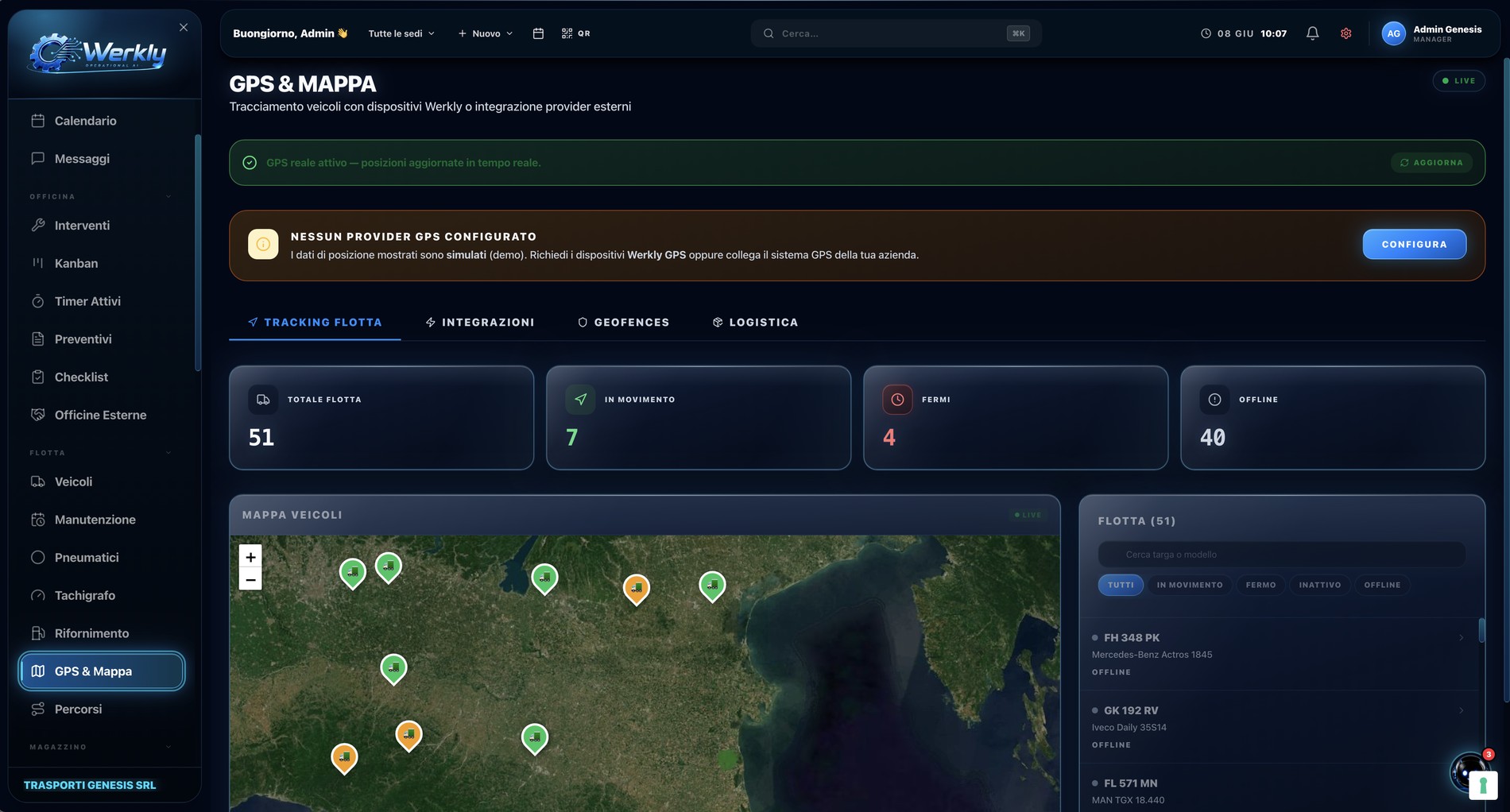 Schermata reale di GPS e mappa flotta in Werkly