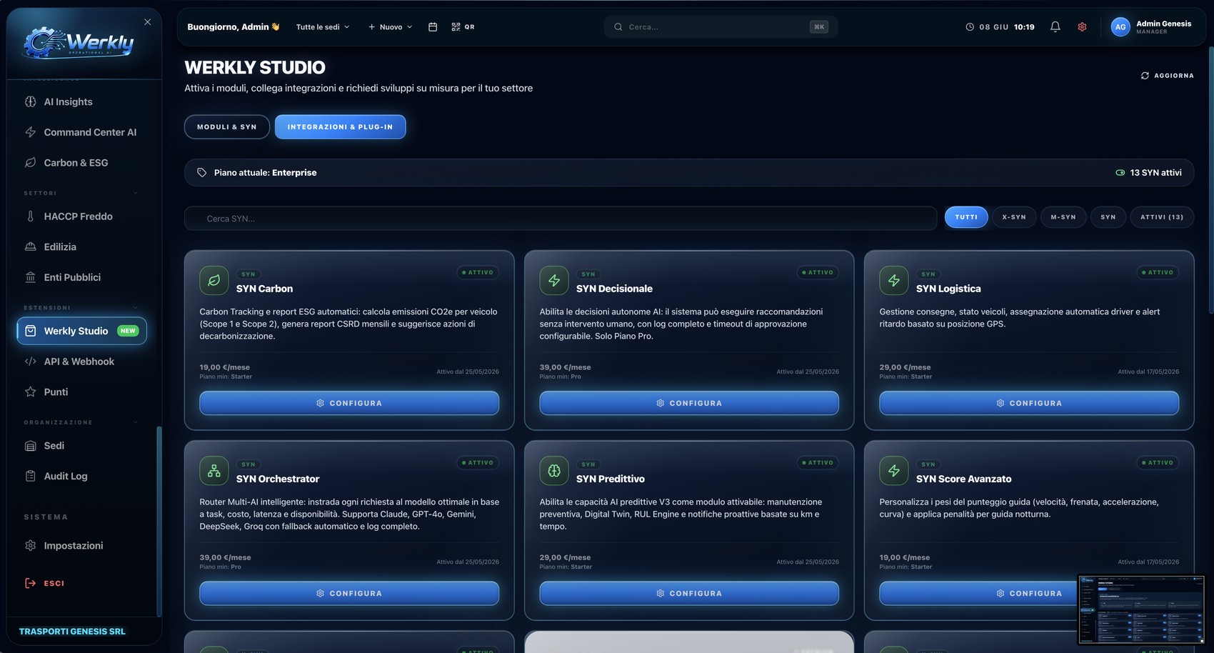 Schermata reale di Werkly Studio per attivare o disattivare i moduli